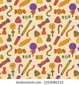 Colorful halloween sweets seamless pattern. Halloween elements. Trick or treat concept.