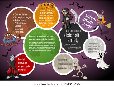 Plantilla de Halloween colorida para folletos publicitarios con caricaturas divertidas personajes clásicos monstruo