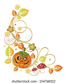 Colorful halloween tendril with leaves, pumpkin and mushrooms.