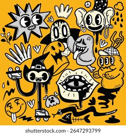 A colorful halloween themed illustrations featuring playful characters like ghosts, monsters