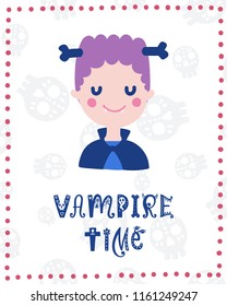 Colorful Halloween vector card. Hand drawn lettering with boy. Design for invitation, banner, poster for a party. Creative background in funny style.