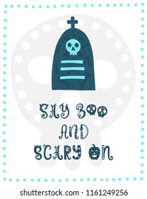 Colorful Halloween vector card. Hand drawn lettering with tombstone. Design for invitation, banner, poster for a party. Creative background in funny style.