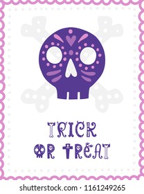 Colorful Halloween vector card. Hand drawn lettering with skull. Design for invitation, banner, poster for a party. Creative background in funny style.