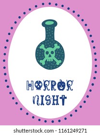 Colorful Halloween vector card. Hand drawn lettering with girl. Design for invitation, banner, poster for a party. Creative background in funny style.