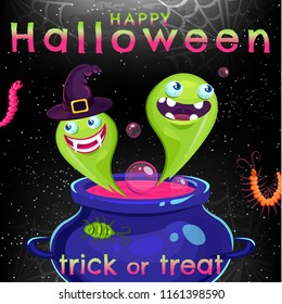 Colorful Halloween vector illustration with ghost, witch pot, insects. Text Happy Halloween and Trick or treat on black background.  Can use for party invitation, greeting card, banner, web, kids zone