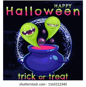 Colorful Halloween vector illustration with ghost, witch pot, insects. Text Happy Halloween and Trick or treat on black background.Can use for party invitation, greeting card, banner, web, kids zone.