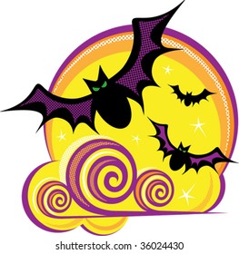 A colorful Halloween vector illustration of swirling clouds, a moon, and bats