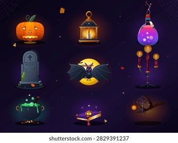 Colorful Halloween vector illustrations feature a carved pumpkin, glowing lantern, magical potion, tombstone, bat, candles, cauldron, spellbook and broom on a dark background