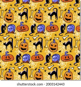 Colorful halloween vector pattern with black cats and pumpkins.