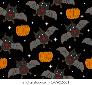 Colorful Halloween vector seamless pattern with pumpkins and bats