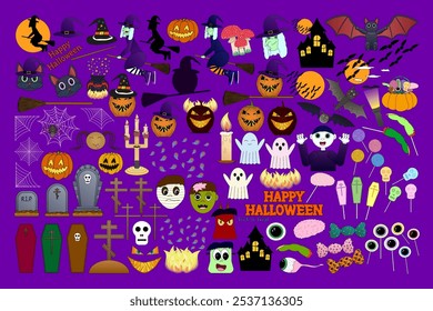 Colorful Halloween vector set featuring witches, pumpkins, ghosts, bats, gravestones, candies, and more. Perfect for festive designs and decor.