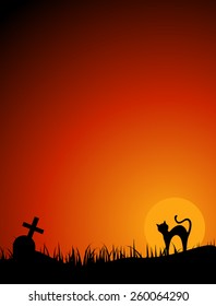 Colorful halloween website background with dark scary cat and gravestones