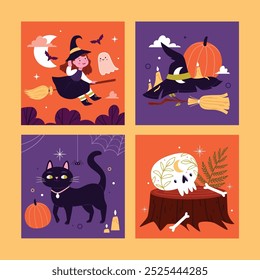 A colorful Halloween-themed illustration featuring four squares. The top left shows a girl in a witch costume flying on a broomstick with bats and a ghost. 

