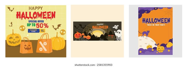 Colorful Halloween-themed illustrations feature spooky pumpkins and ghosts. Sales advertisements and trick-or-treat posters, ideal for seasonal and party promotional materials. Halloween concept.