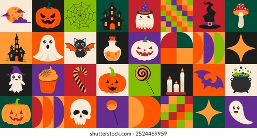 A colorful Halloween-themed image with various symbols and characters, including a pumpkin, a ghost, a witch, a vampire, and a pumpkin pie