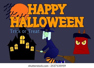 A colorful Halloween-themed poster featuring a witch on a broomstick, haunted house, and devil. Perfect for spooky decor and party invites.