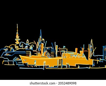 Colorful Hamburg Panorama Drawing on black. Well crafted vector sketch für private and commercial use.