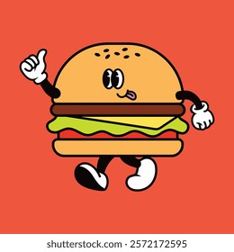 Colorful hamburger cartoon character vector illustration, hamburger cartoon character, Food character illustration vector, Retro hamburger cartoon character illustration element