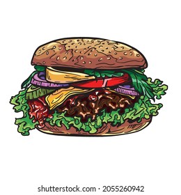 Colorful hamburger hand drawn vector illustration. Burger, big mak ink graphic line art. Outline sketch for markets, shops. Clip art Poster for print. Coloring page. Isolated on white background