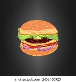 Colorful hamburger hand drawn vector illustration. Burger, big mak ink graphic line art. Outline sketch for markets, shops. Clip art Poster for print. Colored menu. Isolated on black background