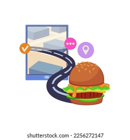 Colorful hamburger on tablet map vector illustration. Express delivery elements isolated on white background. Food delivery concept