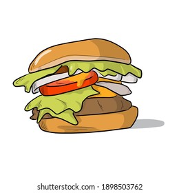 colorful hamburger vector illustration hand drawn with black lines and shadow isolated on white background