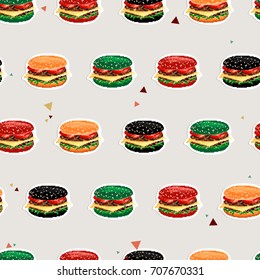 Colorful hamburgers seamless pattern, pixel art style. Pattern of fast food.