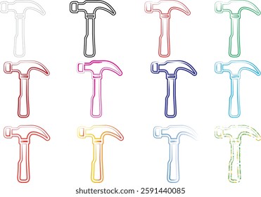 Colorful hammer icons, geometric line art, minimalist tool design, repeating pattern, blueprint style, technical drawing aesthetic, multiple pastel colors, simplified shapes, graphic design elements, 