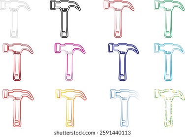 Colorful hammer icons, geometric line art, minimalist tool design, repeating pattern, blueprint style, technical drawing aesthetic, multiple pastel colors, simplified shapes, graphic design elements, 