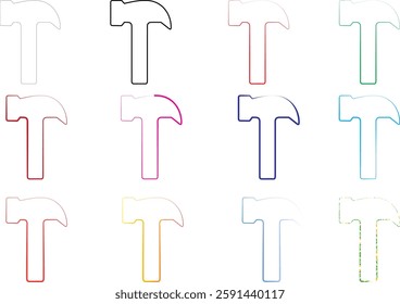 Colorful hammer icons, geometric line art, minimalist tool design, repeating pattern, blueprint style, technical drawing aesthetic, multiple pastel colors, simplified shapes, graphic design elements, 