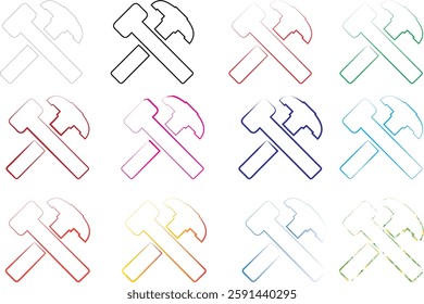 Colorful hammer icons, geometric line art, minimalist tool design, repeating pattern, blueprint style, technical drawing aesthetic, multiple pastel colors, simplified shapes, graphic design elements, 