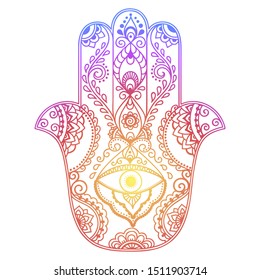 Colorful Hamsa hand drawn symbol with flower. Decorative pattern in oriental style for interior decoration and henna drawings. The ancient sign of "Hand of Fatima". Rainbow design on white background.