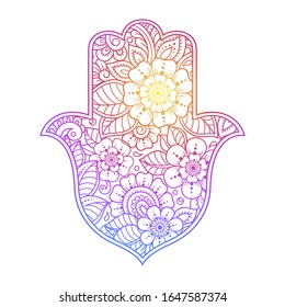 Colorido símbolo de Hamsa dibujado a mano con flor. Decoración de estilo oriental para la decoración interior y los dibujos de henna. El antiguo signo de "Mano de Fátima". Diseño arcoiris sobre fondo blanco.