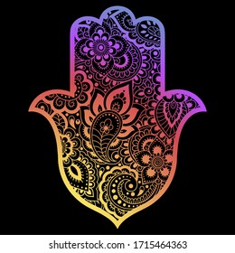 Colorful Hamsa hand drawn symbol with flower. Decorative pattern in oriental style for interior decoration and henna drawings. The ancient sign of "Hand of Fatima". Rainbow design on black background.