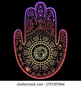 Colorful Hamsa hand drawn symbol with flower. Decorative pattern in oriental style for interior decoration and henna drawings. The ancient sign of "Hand of Fatima". Rainbow design on black background.