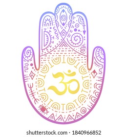 Colorful Hamsa hand drawn symbol with OM. Decorative pattern in oriental style for interior decoration and henna drawings. The ancient sign of "Hand of Fatima". Rainbow design on white background.