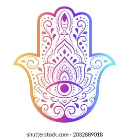 Colorful Hamsa hand drawn symbol with flower. Decorative pattern in oriental style for interior decoration and henna drawings. The ancient sign of "Hand of Fatima". Rainbow design on white background.