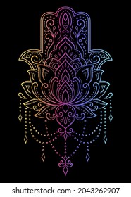 Colorful Hamsa hand drawn symbol with flower. Decorative pattern in oriental style for interior decoration and henna drawings. The ancient sign of "Hand of Fatima". Rainbow design on black background.