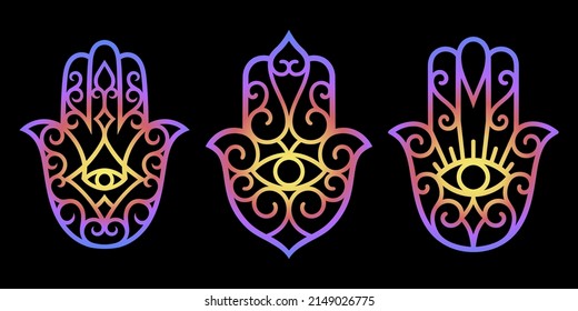 Colorful Hamsa hand drawn symbol with flower. Decorative pattern in oriental style for interior decoration and henna drawings. The ancient sign of "Hand of Fatima". Rainbow design on black background.