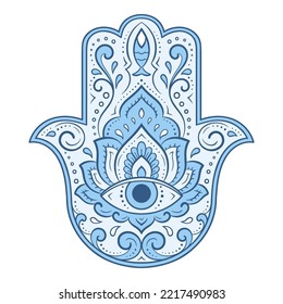 Colorful Hamsa hand drawn symbol with flower. Decorative pattern in oriental style for interior decoration and henna drawings. The ancient sign of "Hand of Fatima". Blue design on white background.