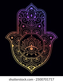 Farbiges Hamsa handgezeichnetes Symbol mit Blume. Dekoratives Muster im orientalischen Stil für Innendekoration und Henna-Zeichnungen. Das alte Zeichen der "Hand von Fatima". Regenbogen-Design auf schwarzem Hintergrund.