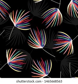 Colorful hand brush sketch of palm leaves seamless pattern in vector .Design feor fashion, fabric, web,wallpaper, wrappidng and all prints on black