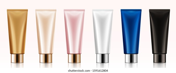 Colorful hand cream plastic tube mockup set in 3d illustration