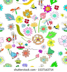 colorful hand draw doodle flower set with birds, butterfly, dragonfly, and  candle,  seamless pattern  for background, cards, wallpaper, fabric print, cloth texture, vector illustration.