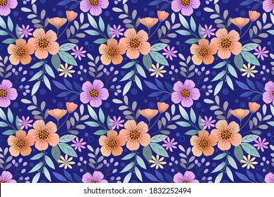 Colorful hand draw flowers on blue background seamless pattern can be use for fabric textile wallpaper.