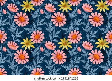 Colorful hand draw flowers on blue color seamless pattern for fabric textile wallpaper.
