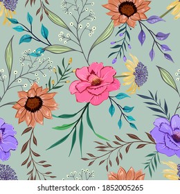 Colorful hand draw seamless pattern with botanical floral design illustration.