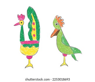 Colorful hand drawing: beautiful birds vector on white background, peacock and parrot children drawing