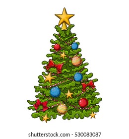 Colorful hand drawing Christmas tree on a white background. Vector.