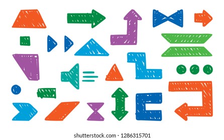 colorful hand drawing geometric shapes. triangle sign, arrow sign, square vector